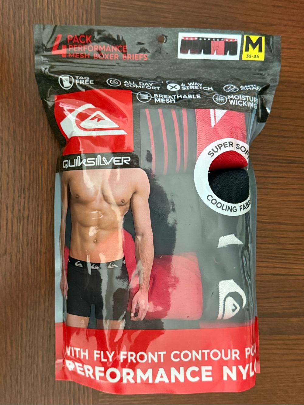 NWT Quiksilver 4-Pack Performance Mesh Boxer Briefs Mens Medium 32-34 red/black
